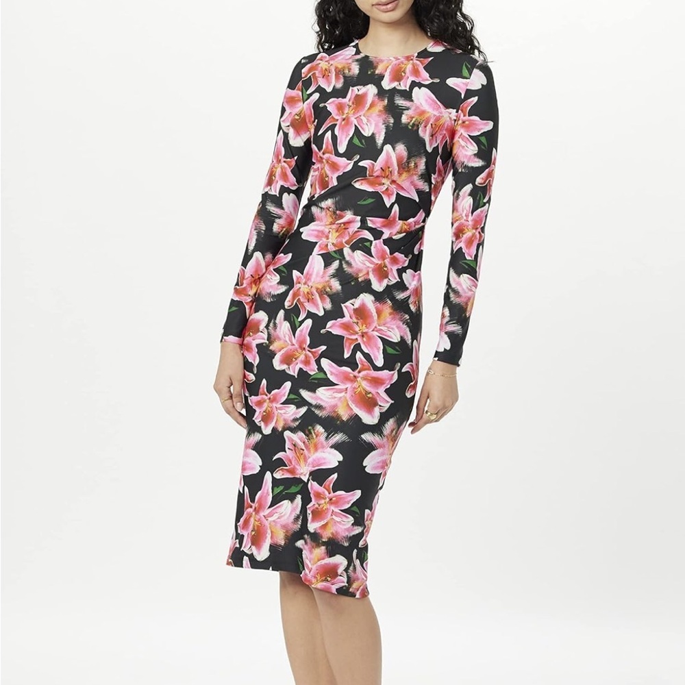 Jonathan Cohen Women’s Black Pink Floral Hibiscus Bodycon Long Sleeve Midi Dress